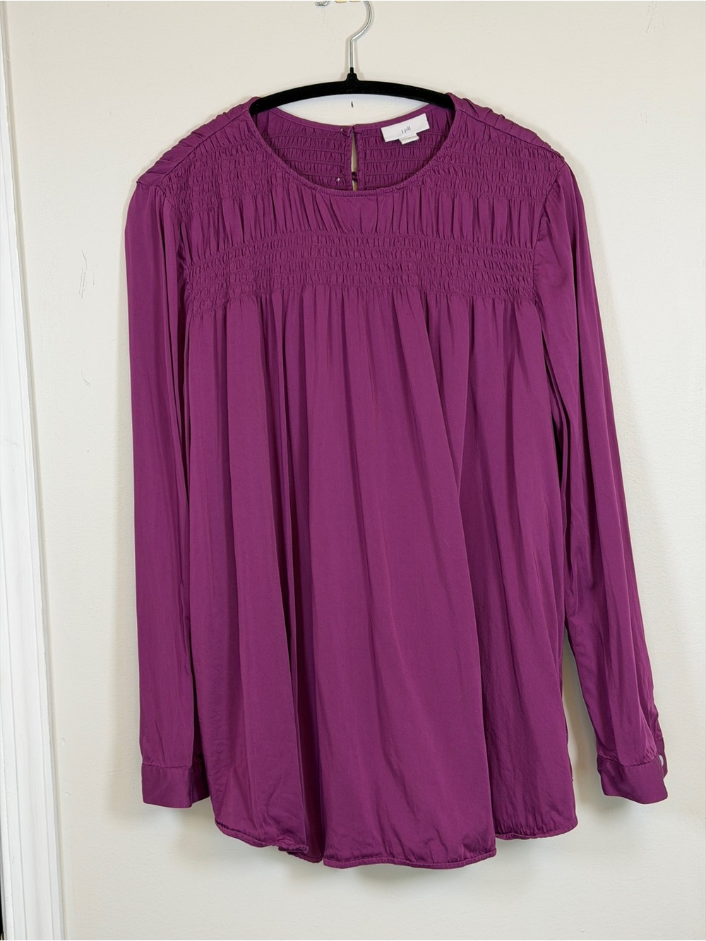 J Jill Purple Smocked Blouse Long Sleeve Peasant Top Boho Lightweight L